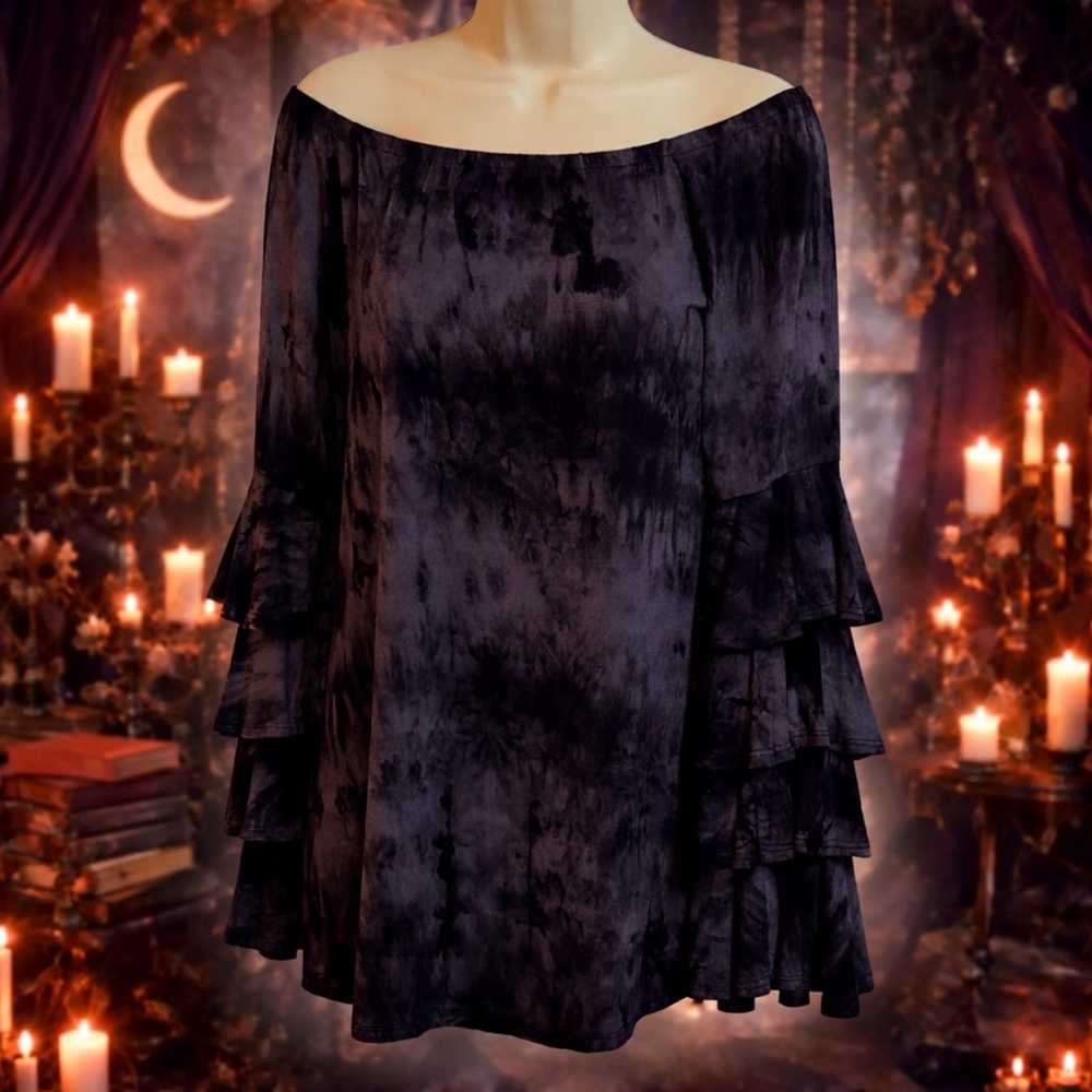 Ariella Black Tie-Dye Off-Shoulder Top Whimsigoth Long Ruffle Bell Sleeves SizeM